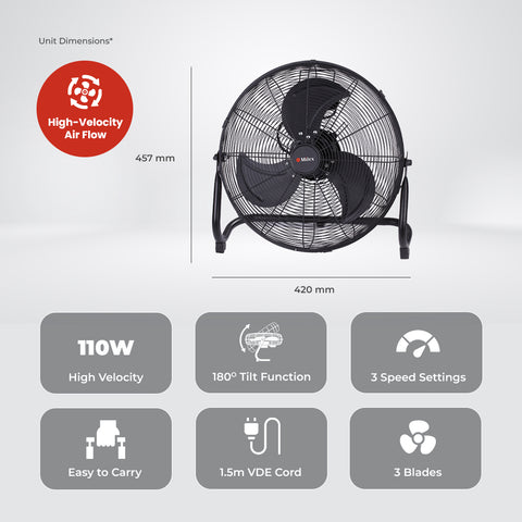 Milex Cyclone Air 45cm Fan – 110W High-Velocity Metal Floor Fan