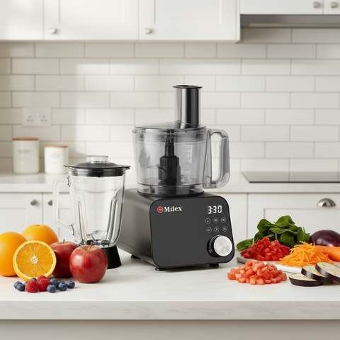 Black food processor with blender attachment on a white background