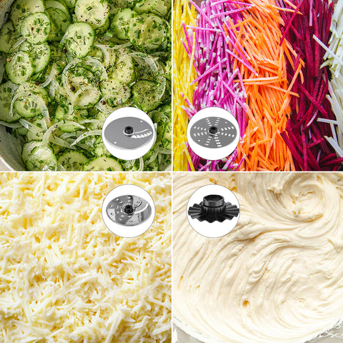 A 2x2 collage showing a food processor blade attachment in use: sliced cucumbers and onions, colorful shredded vegetables, grated cheese, and a creamy mixture. Each panel includes a circular inset of the metal blade attachment.