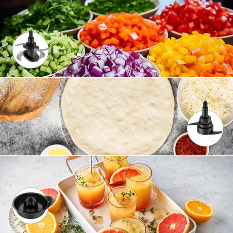 A collage showing a black countertop food processor blade and its pitcher in use. The top row shows chopped vegetables including celery, onions, carrots, bell peppers, and tomatoes.