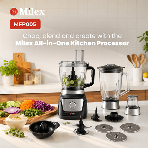 Milex All-in-One Kitchen Processor set shown on a bright kitchen counter with the main black-and-silver processor, separate blender jar, blades, jar lid, juicer, and food prep accessories. Text at the top reads 'Milex MFP005 Chop, blend and create with the Milex All-in-One Kitchen Processor.