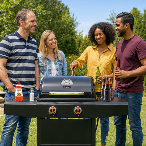 Four people standing around a grill with beer bottles, smiling outdoors.