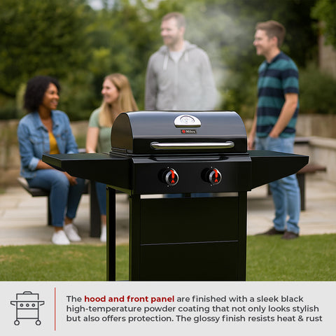 Black 2 burner gas braai stand on a patio with people in the background