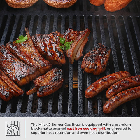 Grilled meats on a gas braai with text about the grill's features.