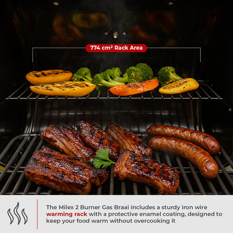Grilled meats and vegetables on a gas grill with text about the Milex 2 Burner Gas Braai.