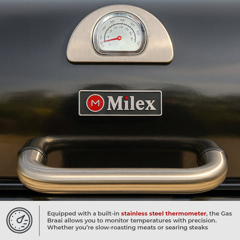 Milex 2 burner gas braai stand with a built-in thermometer and handle