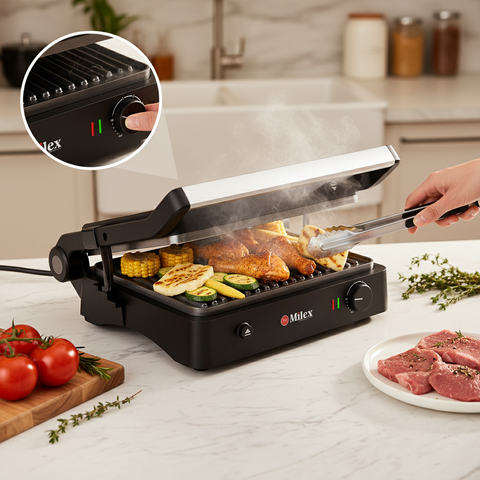 Milex grill being used to cook food on a kitchen counter with a close-up of the control panel.