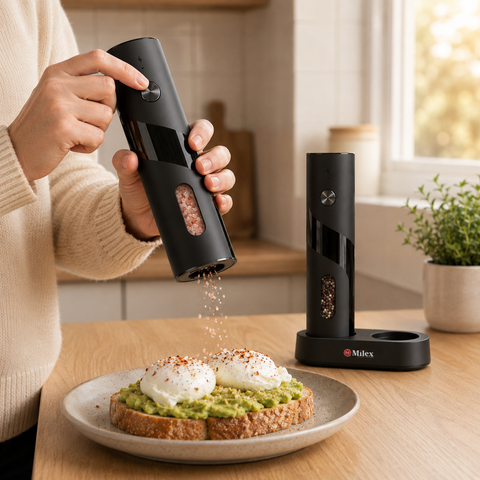 A person in a beige sweater grinds black Milex pepper and salt mills over avocado toast with poached eggs on a wooden table in a bright kitchen. One mill is shown actively dispensing seasoning, and another stands on its charging base in the background.