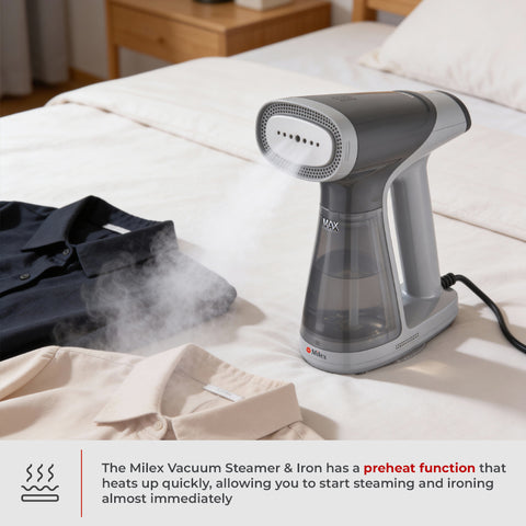 Milex Vacuum Steamer & Iron on a bed with clothes being steamed, in a bedroom setting.