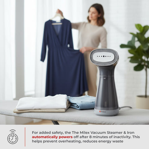 Milex Vacuum Steamer & Iron on an ironing board with a woman and clothes in the background.