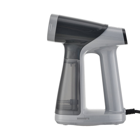 Handheld steam cleaner with a transparent water tank on a white background