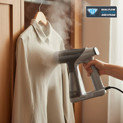 Hand holding a steam cleaner over a shirt with 'Dual Flow Suction and Steam' branding.