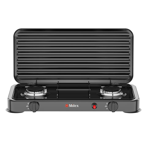 Portable gas grill with two burners and a lid on a white background, featuring the Milex brand.