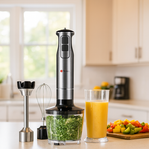 Milex blender with ingredients and a glass of juice in a kitchen setting