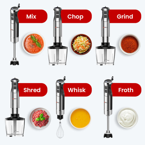 Set of six handheld blenders with labels for different functions on a white background.