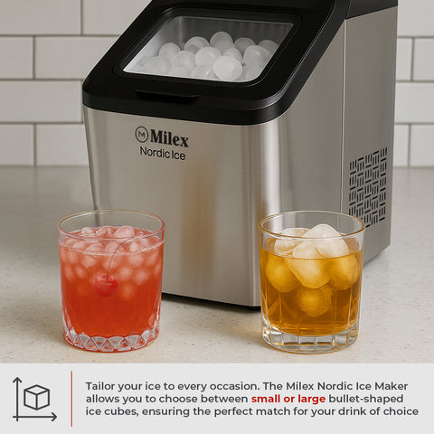 Milex Nordic Ice maker with two glasses of iced drinks on a countertop.