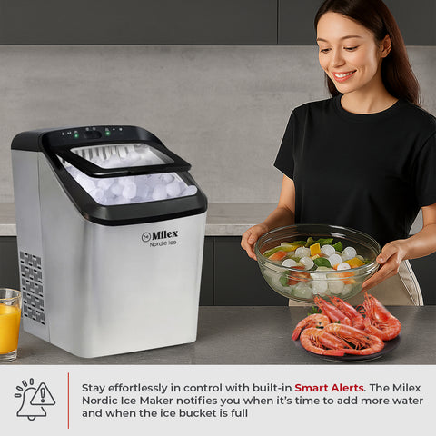 Woman with a bowl of fruit and a plate of shrimp next to a Milex Nordic ice maker.