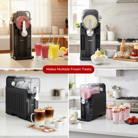 Multifunctional kitchen appliance used to make various frozen treats in a kitchen setting.