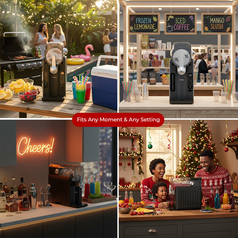 Collage of a slushy and ice cream machine in various settings including a poolside, indoor café, bar, and Christmas-themed room.