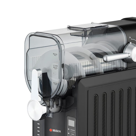 Black and transparent ice cream machine with 'Milex' branding on a white background