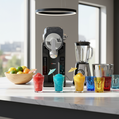 Blender and ice cream maker on a kitchen counter with colorful drinks and fruits.