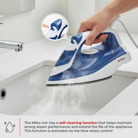 Milex iron being used to clean in a sink with text about self-cleaning function.