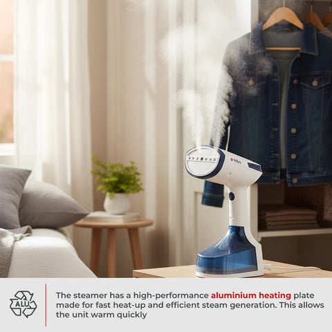Handheld steamer with denim jacket in a home setting