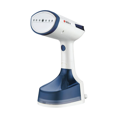 White and blue handheld steamer with 'Milex' branding on a white background
