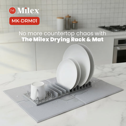 Milex drying rack with dishes on a kitchen counter, featuring the Milex logo and product name.