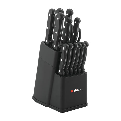 Set of black knives in a black block with Milex branding on a white background
