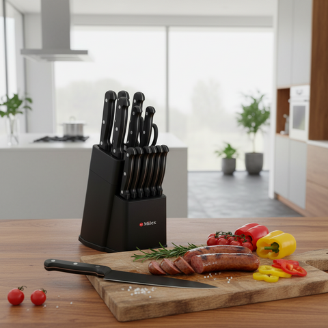 Set of knives in a black block on a kitchen counter with vegetables and meat.