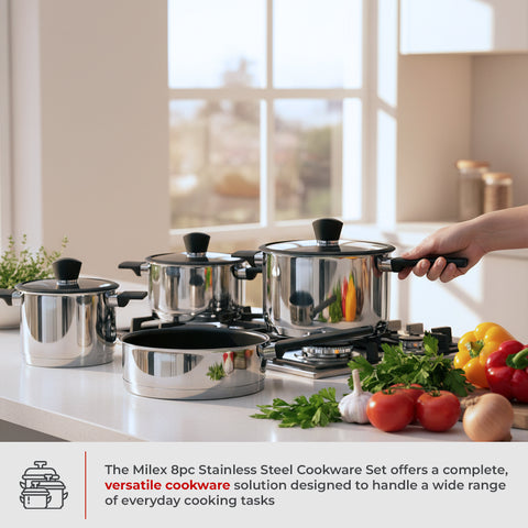 Milex 8-Piece Stainless Steel Cookware Set – 5-Ply Induction Compatible Cookware