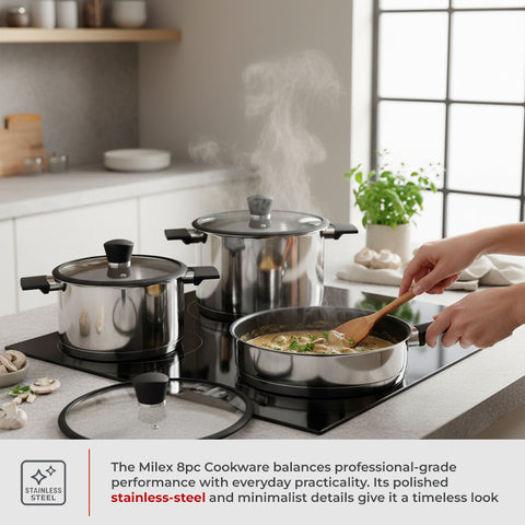 Milex 8-Piece Stainless Steel Cookware Set – 5-Ply Induction Compatible Cookware