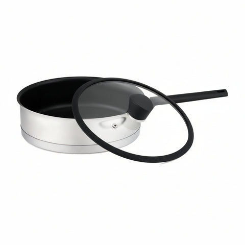 Stainless steel frying pan with a black handle on a white background