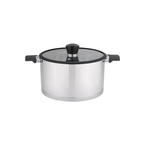 Stainless steel pot with lid on a white background