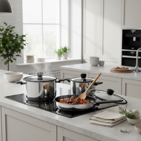 Modern kitchen with cookware on a stovetop