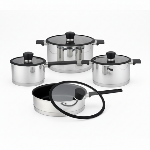 Set of stainless steel cookware with black handles on a white background