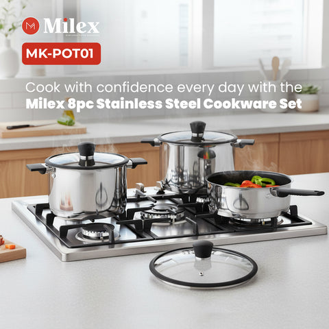 Milex 8-Piece Stainless Steel Cookware Set – 5-Ply Induction Compatible Cookware