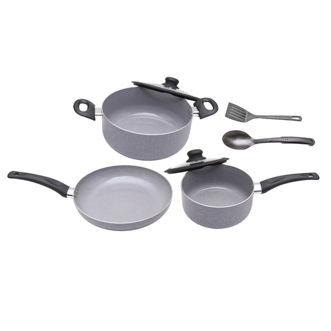 Set of gray cookware including pots, pans, and utensils on a white background