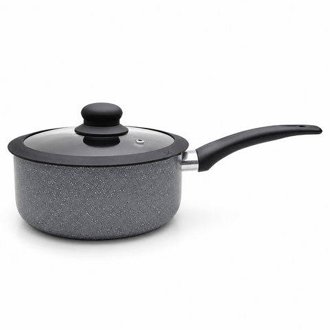 A gray speckled saucepan with a black lid and handle, shown on a clean white background.