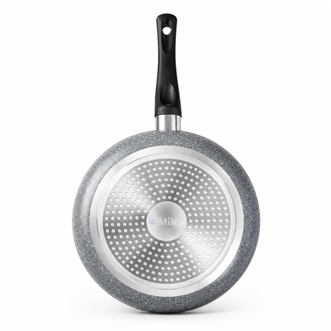 A round non-stick frying pan with a gray speckled exterior, a silver metallic perforated bottom, and a black handle, shown from a top-down view on a white background.