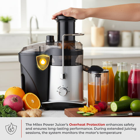Milex Power Juicer with a hand placing a lid on it, surrounded by fruits, vegetables, and juice glasses.