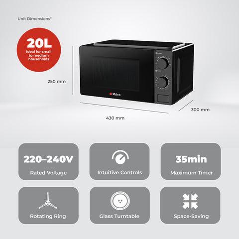 Milex 20L Manual Microwave – Compact Freestanding Microwave with 5 Power Levels