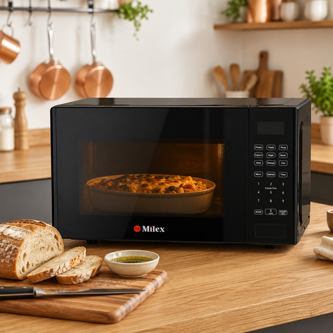 A black Milex microwave oven with a glass door, shown in a warm kitchen setting with a baked dish inside. The microwave is placed on a wooden countertop next to a cutting board with bread and a small bowl of sauce.
