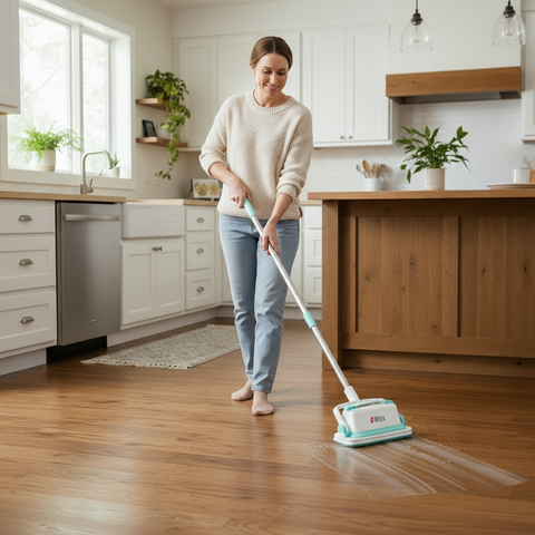 Woman cleaning a wooden floor in a kitchen with a mop.
