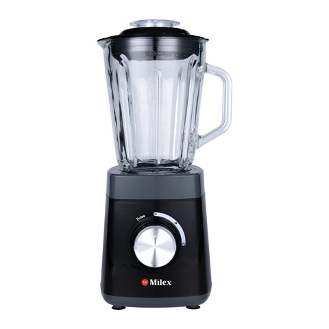 Black blender with clear jar on a white background, featuring the Milex brand.