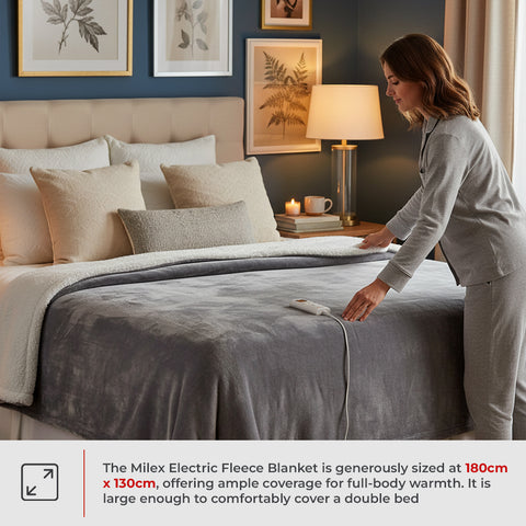 Woman using a Milex Electric Fleece Blanket in a bedroom setting.