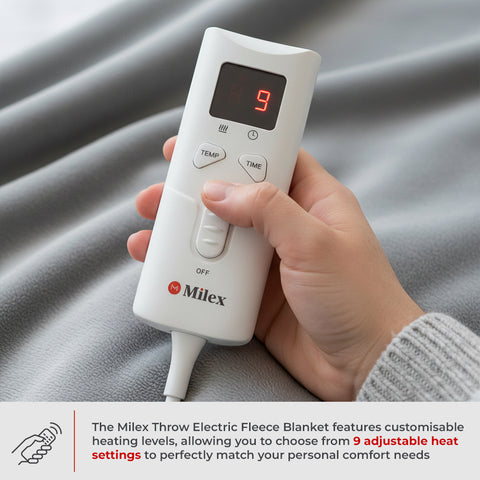 Hand holding a Milex electric fleece blanket controller with digital display on a blanket background.