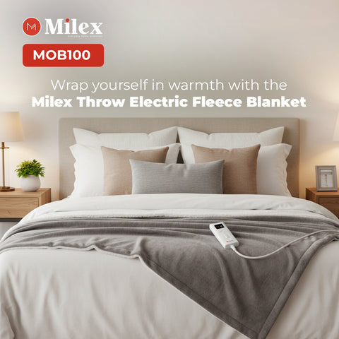 Milex throw electric fleece blanket on a bed with a remote control, in a bedroom setting.