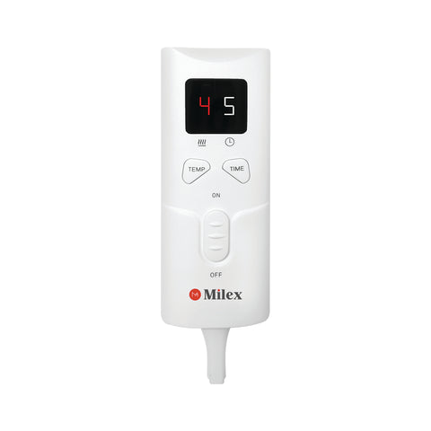 White electronic device with digital display and control buttons on a white background, featuring the Milex brand.